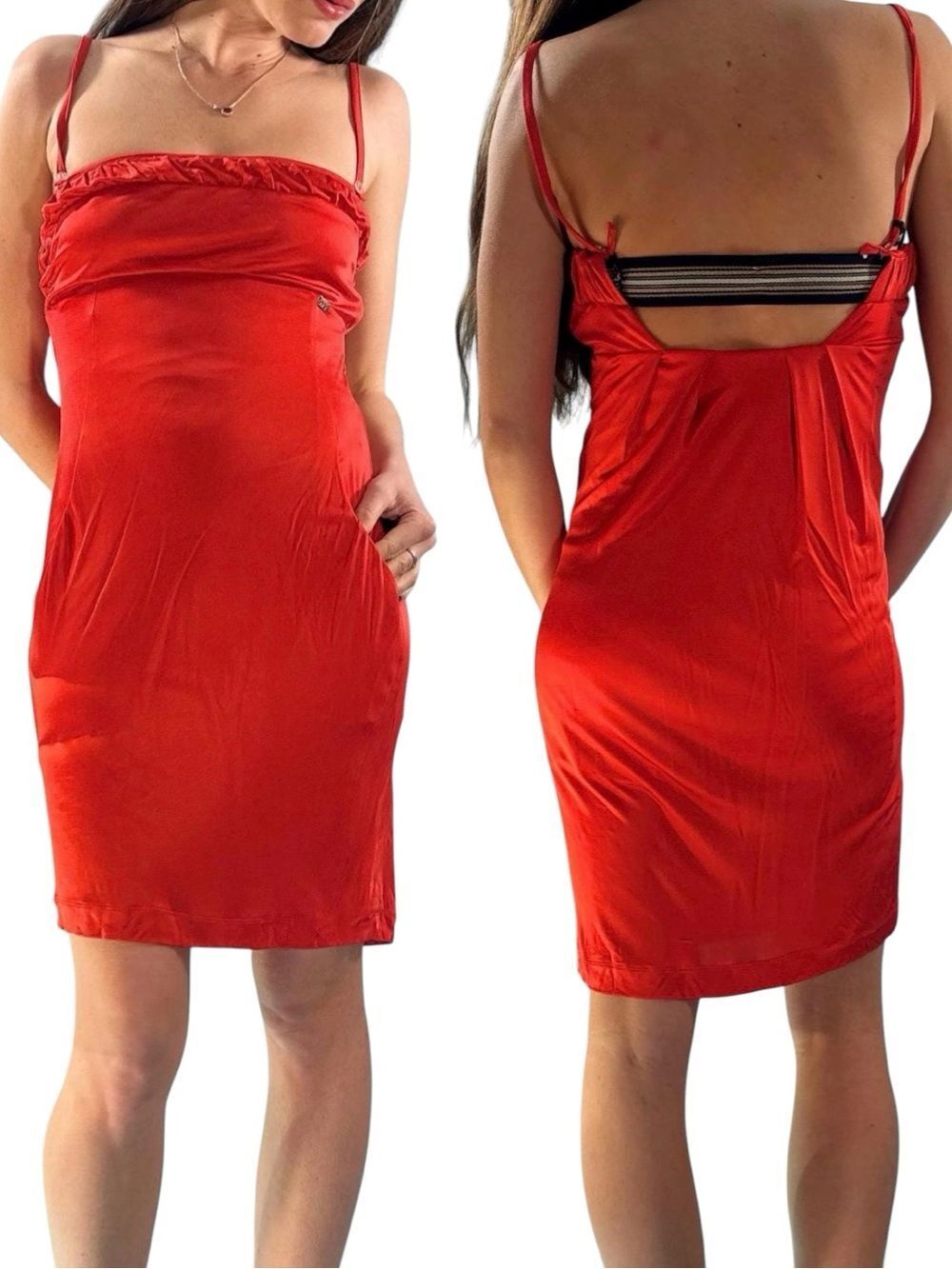Miss Sixty Red Satin Ruched Mini Dress Spaghetti Strap Small Y2K